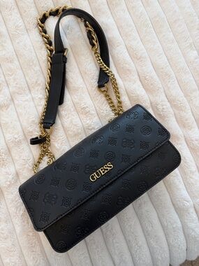 GUESS Black Embossed Logo Chain Shoulder Bag